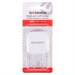 Зарядное устройство быстрое сетевое (220 В) SONNEN, USB QC 3.0 18 Вт, 3 А, белое, 455506 - фото 13747292