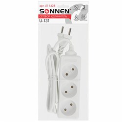 Удлинитель сетевой SONNEN U-131, 3 розетки, без заземления, 6 А, 1,8 м, белый, 511428 - фото 13747830