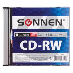 Диск CD-RW SONNEN, 700 Mb, 4-12x, Slim Case (1 штука), 512579 - фото 13747864