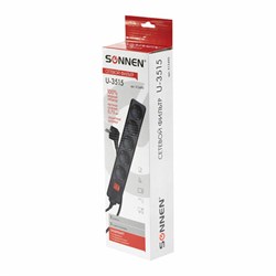 Сетевой фильтр SONNEN U-3515, 5 розеток, с заземлением, выключатель, 10 А, 5 м, черный, 513490 - фото 13747897