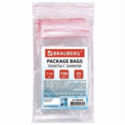 Пакеты с замком ZIP LOCK "зиплок", комплект 100 шт., 70х100 мм, ПВД, толщина 35 микрон, BRAUBERG, 606208 - фото 13748888