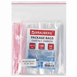 Пакеты с замком ZIP LOCK "зиплок", комплект 100 шт., 100х150 мм, ПВД, толщина 35 микрон, BRAUBERG, 606211 - фото 13748891