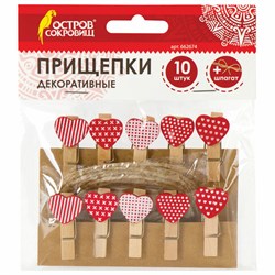 Прищепки декоративные "Сердечки", 10 штук, 3,5 см, ассорти, со шпагатом, ОСТРОВ СОКРОВИЩ, 662674 - фото 13750246