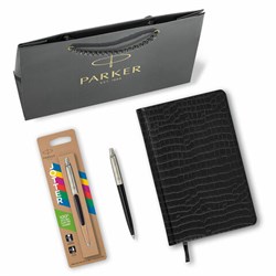 Ручка шариковая PARKER "Jotter Plastic CT", корпус черный, ежедневник А5 черный, золотой срез, пакет, 880894 - фото 13750623