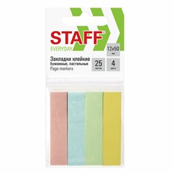 Закладки клейкие пастельные STAFF бумажные, 50х12 мм, 100 штук (4 цвета х 25 листов), европодвес, 127147 - фото 13764249