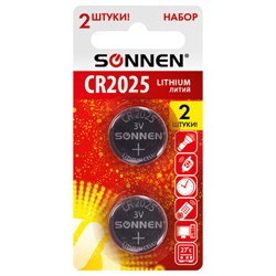 Батарейки литиевые SONNEN Lithium CR2025, "таблетки, дисковые, кнопочные", КОМПЛЕКТ 2 шт., блистер, 457139 - фото 14567662