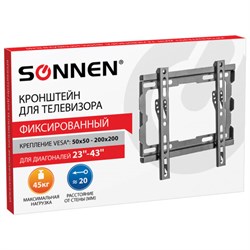 Кронштейн-крепление для ТВ настенный, до 45 кг. VESA 100х100-200х200, 23"-43", черный, SONNEN, 455948 - фото 14883291