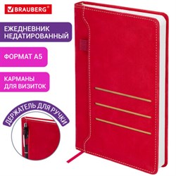 Ежедневник недатированный А5 138х213 мм, BRAUBERG "Slot", под кожу, держатель для ручки, 160 листов, красный, 116606 - фото 14898251