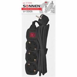 Удлинитель сетевой SONNEN U-133GS, 3 розетки, c заземлением, выключатель, 10 А, 3 м, черный, 513266 - фото 14927593