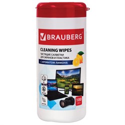 Салфетки для экранов всех типов и пластика BRAUBERG с ароматом ЛИМОН, туба 100 шт., влажные, ВБ, 880725 - фото 14927663