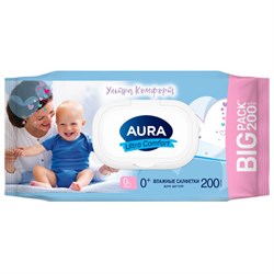 Салфетки влажные 200 шт., для детей, AURA "Ultra Comfort", без спирта, крышка-клапан, 8839 - фото 14933811