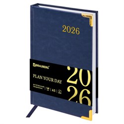 Ежедневник датированный 2026, А5, 138x213 мм, BRAUBERG "Senator", под кожу, синий, 117091 - фото 14988555