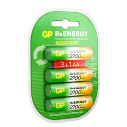 Батарейки аккумуляторные GP ReEnergy Ni-Mh КОМПЛЕКТ 4 шт. (ПРОМО 3+1), АА (HR6), 2600 mAh, 270AAHC3/1RGY, 270AAHC3/1RGY-2 - фото 14999062