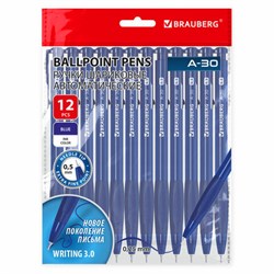 Ручки шариковые автоматические BRAUBERG A-30 "WRITING 3.0", КОМПЛЕКТ 12 ШТ, СИНИЕ, пишущий узел 0,5 мм, линия письма 0,25 мм, 144340 - фото 15023115