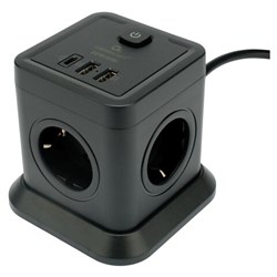 Сетевой фильтр CABLEXPERT Tower, 4 розетки, 10 А, 1 x Type-C PD, 20 Вт, 2 х USB, 2 м, черный, TWR-4-CU2-B-2 - фото 15039082