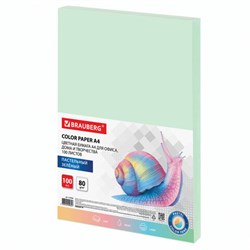 Бумага цветная BRAUBERG, А4, 80 г/м2, 100 л., пастель, зеленая, для офисной техники, 112444 - фото 15054123