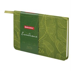 Еженедельник датированный 2026 МАЛЫЙ ФОРМАТ 95х155 мм, А6, BRAUBERG "Foliage", под кожу, зеленый, 117198 - фото 15054345