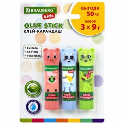 Клей-карандаш "Зверята: кошка, мышка, хрюшка", 9 г, фигурный колпачок, 3 шт./блистер, BRAUBERG KIDS, 271141 - фото 15055900