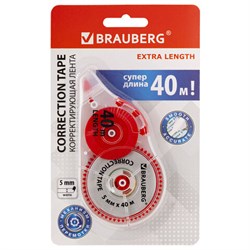 Корректирующая лента BRAUBERG EXTRA LENGTH, 5 мм х 40 м, механизм перемотки, корпус прозрачный, блистер, 272502 - фото 15056009