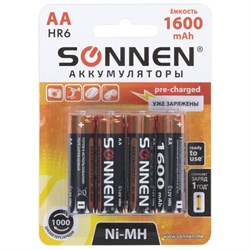 Батарейки аккумуляторные Ni-Mh пальчиковые КОМПЛЕКТ 4 шт., АА (HR6) 1600 mAh, SONNEN, 455605 - фото 15057944