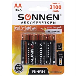 Батарейки аккумуляторные Ni-Mh пальчиковые КОМПЛЕКТ 4 шт., АА (HR6) 2100 mAh, SONNEN, 455606 - фото 15057945