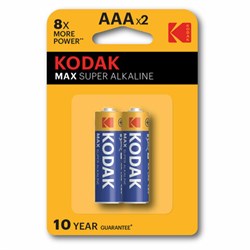 Батарейки алкалиновые "мизинчиковые" КОМПЛЕКТ 2 шт., KODAK Max Super Alkaline, ААА (LR03, 15А), блистер, Б0005132 - фото 15058185