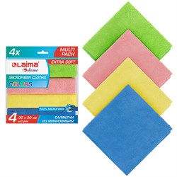 Салфетка из МИКРОФИБРЫ универсальная 30х30 см, КОМПЛЕКТ 4 шт., MULTI PRO COLOUR, 280 г/м2, LAIMA, 607792 - фото 15059401