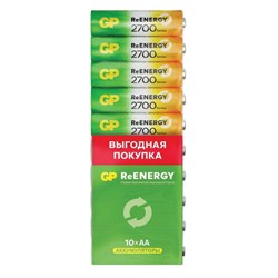Батарейки аккумуляторные GP ReEnergy Ni-Mh пальчиковые КОМПЛЕКТ 10 шт., АА (HR6), 2600 mAh, 270AAHCRGY, 270AAHC-CRB10 - фото 15069004