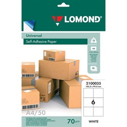 Этикетка самоклеящаяся 105х99 мм, 6 этикеток, белая, 70 г/м2, 50 листов, LOMOND, 2100035 - фото 15109268