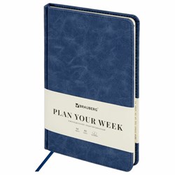 Еженедельник недатированный А5 145х215 мм BRAUBERG "Status", под кожу, 64 л., темно-синий, 113371 - фото 15119184