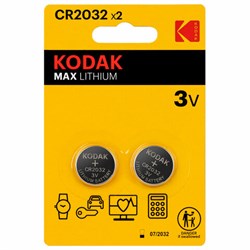 Батарейки литиевые KODAK Max Lithium CR2032 "таблетки, дисковые, кнопочные" КОМПЛЕКТ 2 шт., блистер, Б0037004 - фото 15140240