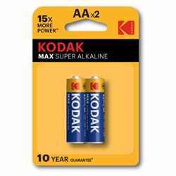 Батарейки алкалиновые "пальчиковые" КОМПЛЕКТ 2 шт., KODAK Max Super Alkaline, АА (LR6, 24А), блистер, Б0005131 - фото 15140243