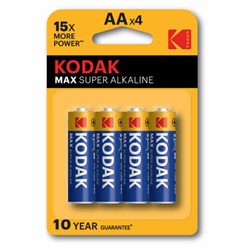 Батарейки алкалиновые "пальчиковые" КОМПЛЕКТ 4 шт., KODAK Max Super Alkaline, АА (LR6, 24А), блистер, Б0005120 - фото 15140244