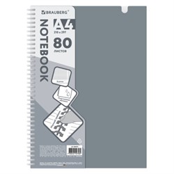 Тетрадь обложка пластик, А4 80 л., гребень мягкий, вырубка для ручки, клетка, BRAUBERG, серый, 405372 - фото 15150894