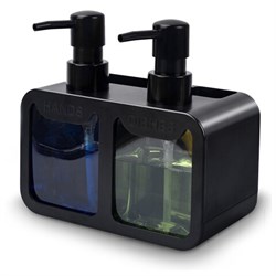 Дозатор DOUBLE для мыла/геля и моющего средства/шампуня, 2х350 мл, органайзер для губок и щеток, ЧЕРНЫЙ, 10х18х17 см, LAIMA HOME, 700045 - фото 15166794