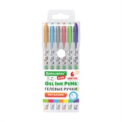Ручки гелевые МЕТАЛЛИК BRAUBERG KIDS "CUTE ANIMALS", НАБОР 6 ЦВЕТОВ, корпус с печатью, узел 1 мм, линия письма 0,7 мм, 144440 - фото 16371096
