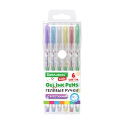 Ручки гелевые С БЛЕСТКАМИ BRAUBERG KIDS "CUTE ANIMALS", НАБОР 6 ЦВЕТОВ, корпус с печатью, узел 1 мм, линия письма 0,7 мм, 144443 - фото 16371099
