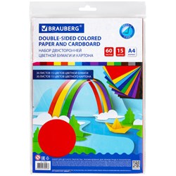 Набор цветного картона и бумаги А4 ТОНИРОВАННЫХ В МАССЕ, 30+30 л., 15 цв., BRAUBERG, "Радуга", 115087 - фото 16561947