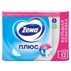 Бумага туалетная 2-х слойная, 12 рулонов (12х23 м), белая, ZEWA Plus, 144090 - фото 16562100