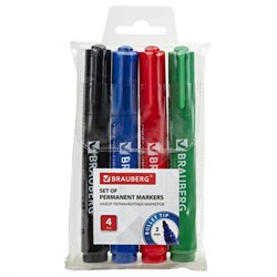 Маркеры перманентные BRAUBERG "Classic", НАБОР 4 ЦВЕТА, круглый наконечник, 3 мм, 150299 - фото 16562368