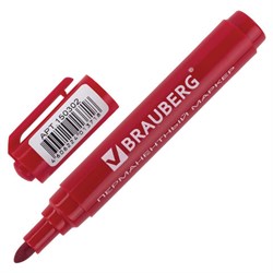 Маркер перманентный BRAUBERG "Classic", КРАСНЫЙ, круглый наконечник, 3 мм, с клипом,150302 - фото 16562371
