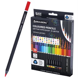 Карандаши цветные чёрное дерево BRAUBERG BLACK WOOD, 36 цветов, мягкий грифель 3 мм, 182042 - фото 16562637