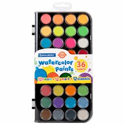 Краски акварельные BRAUBERG "PREMIUM" 36 цветов (12 базовых + 12 неоновых + 12 металлик) пенал, 191807 - фото 16562697