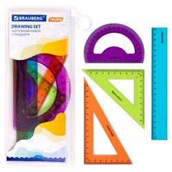 Набор чертежный средний BRAUBERG "FRUITY" (линейка 20 см, 2 треугольника, транспортир), ассорти, пенал, 210771 - фото 16562839