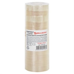 Клейкие ленты 12 мм х 33 м канцелярские BRAUBERG, комплект 12 шт., прозр., гарант. длина, 223123 - фото 16562907
