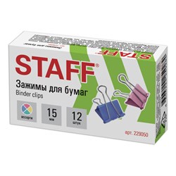 Зажимы для бумаг STAFF "Profit", КОМПЛЕКТ 12 шт., 15 мм, на 45 листов, цветные, картонная коробка, 229050 - фото 16563099