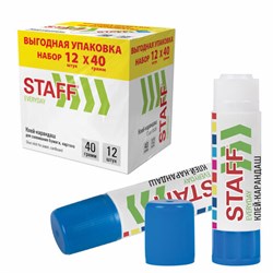 Клей-карандаш 40 г, ВЫГОДНАЯ УПАКОВКА, КОМПЛЕКТ 12 ШТУК, STAFF EVERYDAY, 273019 - фото 16563869