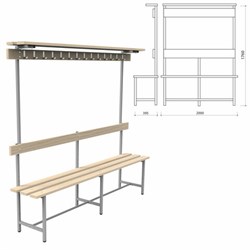 Скамья с вешалкой, спинкой и полкой "СВТ 9", 1760х2000х395 мм, 14 крючков, регулируемые опоры, каркас металлический серый, сиденье дерево - фото 16566649