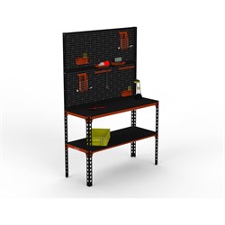 Стол-верстак ООО Металекс 950x1100x500 мм, одна полка + двойная перфопанель с комплектом аксессуаров оранжево-чёрный - фото 16929759