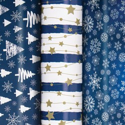 Бумага упаковочная новогодняя НАБОР 3 шт., "Blue Collection", 70х100 см, 3 дизайна, ЗОЛОТАЯ СКАЗКА, 592058 - фото 17073523